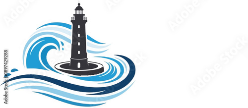 A dark silhouette of a lighthouse stands tall amidst stylized blue and white waves