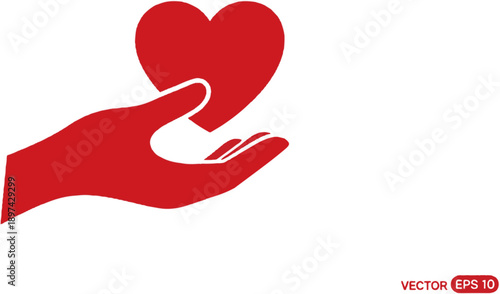 A red heart is held gently in an open hand against a white background
