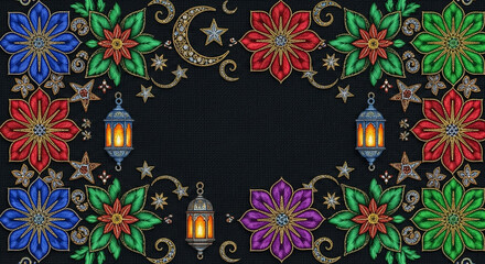 Festive embroidered border with Islamic lanterns, stars, and flowers for Ramadan or Eid celebrations