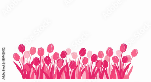 A vibrant, stylized border of pink tulips in various shades, with green leaves, set against a clean white background