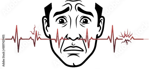 Frightened face with erratic heartbeat line across nose and mouth