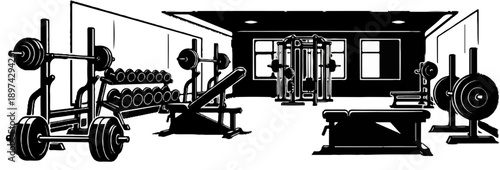 Interior of a gym with weights, benches, and a multi-station machine