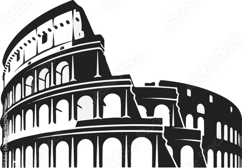 Stylized black and white graphic of a large, ancient, arched amphitheater