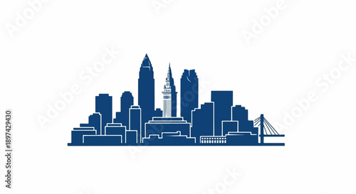A stylized blue silhouette of a city skyline with various buildings and a bridge