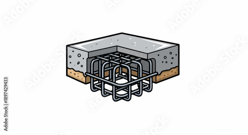 Isometric view of a concrete foundation with rebar reinforcement