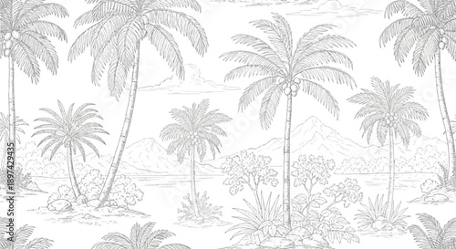 A monochrome sketch depicts a serene tropical island scene with lush palm trees, verdant foliage, distant mountains, and tranquil water