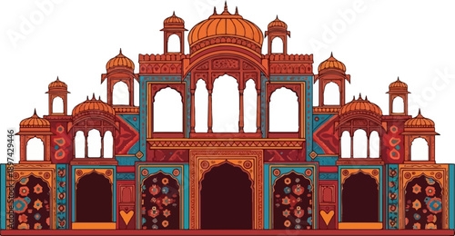 Ornate, colorful Indian-style palace facade with domed roofs and intricate floral designs