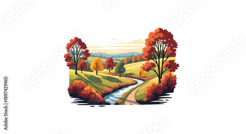 A scenic autumn landscape with a winding river, rolling hills, and colorful trees