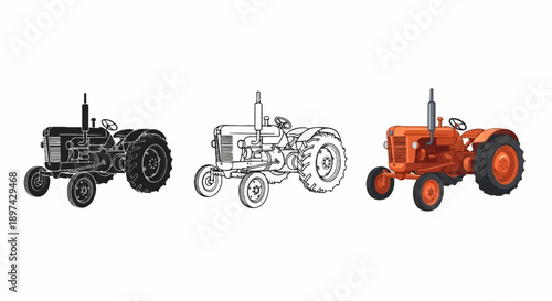 Three vintage tractors a black silhouette, a line drawing, and a detailed orange illustration