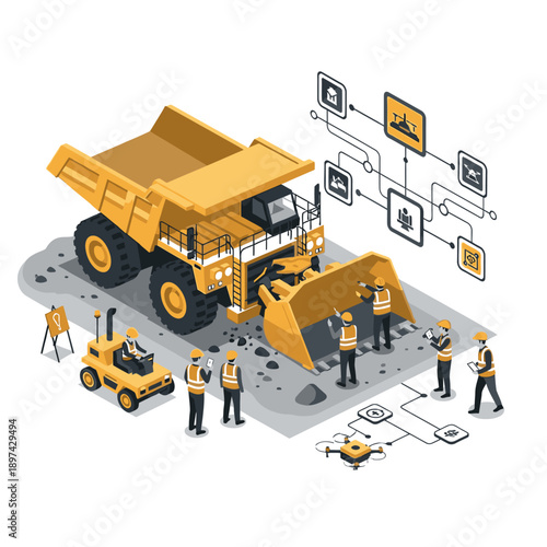 Construction Site with Heavy Machinery and Workers.