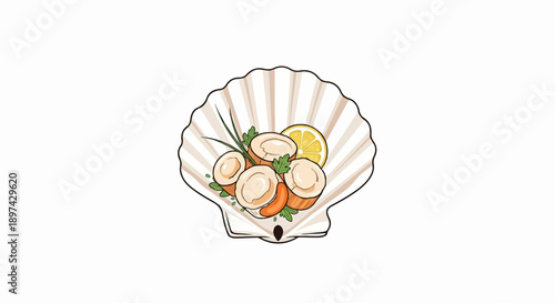 A culinary presentation of cooked scallops nestled within a seashell, garnished with lemon and herbs