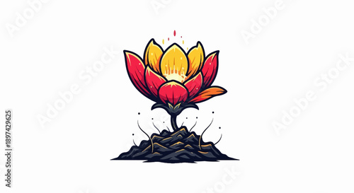 Vibrant bloom emerges from dark soil, radiating light and energy