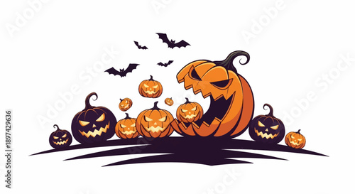 A spooky Halloween scene with carved pumpkins and flying bats against a white background