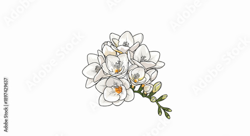 A cluster of delicate white flowers with hints of orange in their centers, on a white background