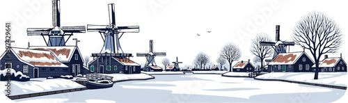 Winter scene with Dutch windmills and snow-covered houses beside a frozen canal with a boat