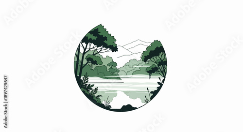 Verdant forest scene with a tranquil lake, framed by trees and distant mountains