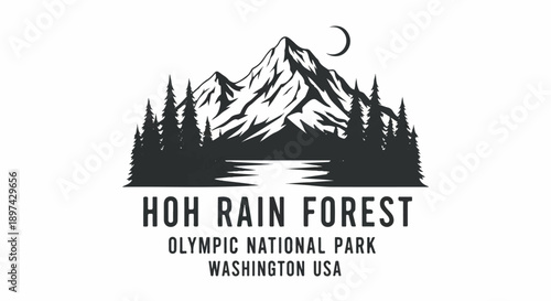 Silhouette of mountains, pine trees, a crescent moon, and water