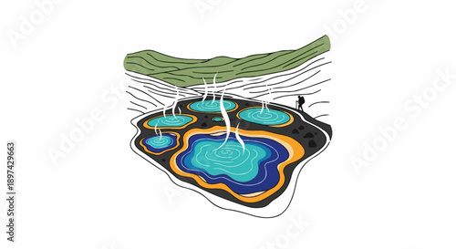 Stylized graphic of steaming geothermal pools with a lone hiker in the background, under rolling green hills