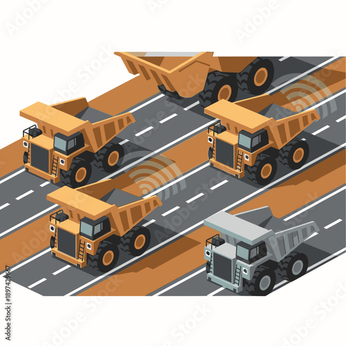 Isometric illustration of construction vehicles on highway.