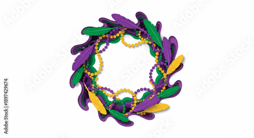 Festive Mardi Gras wreath with layered paper shapes, purple, green, gold beads, and feathers
