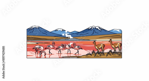 Pink flamingos and guanacos in a vibrant landscape with snow-capped mountains