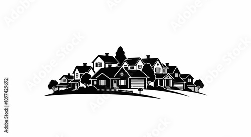 Black and white illustration of a suburban neighborhood with houses and trees