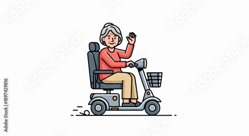 Cheerful elder woman waving from a scooter, with motion lines
