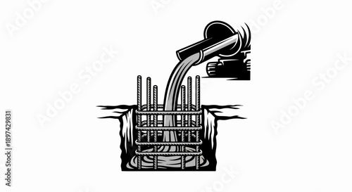 Concrete is poured into a metal rebar cage in a foundation