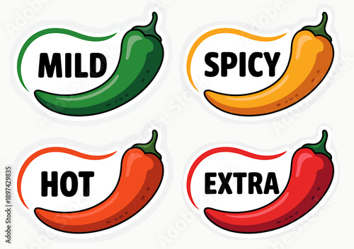 Set of chili pepper stickers with mild spicy hot extra labels