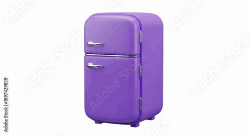A vibrant purple retro refrigerator with sleek silver handles stands alone