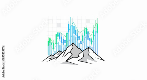 Jagged peaks rise beneath a dynamic financial chart, symbolizing market fluctuations