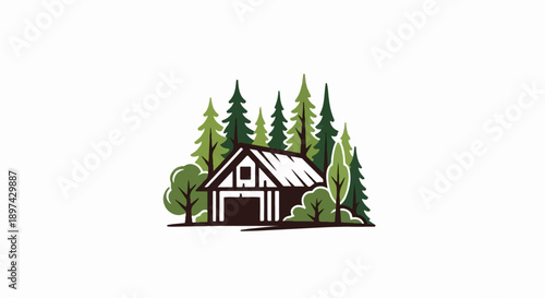 Rustic wooden cabin nestled amidst a dense forest of varied evergreen and deciduous trees