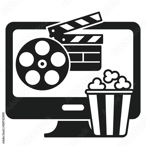 Computer monitor with film reel clapper and popcorn bucket on screen
