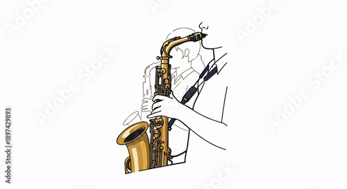 Person playing a golden saxophone, with a second figure in the background