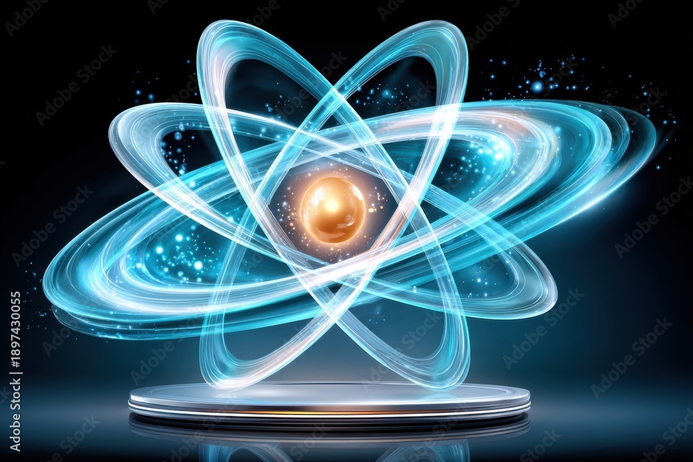 Fototapeta premium Abstract futuristic blue glow with energy sphere orbiting a glowing atom model on a platform