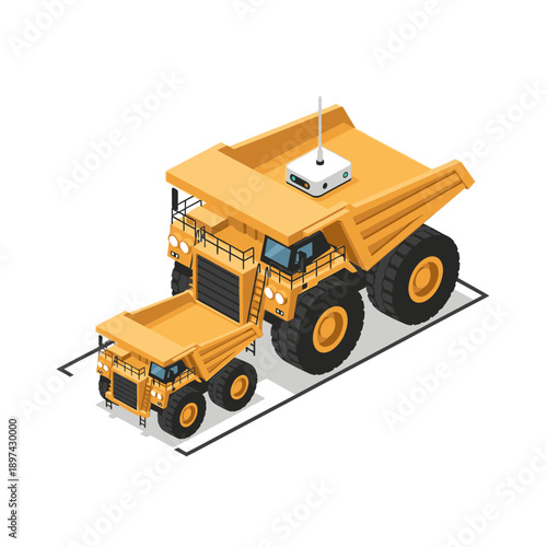 Isometric illustration of a large yellow mining dump truck.