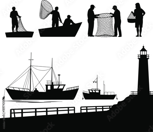Fishermen silhouettes with boats and nets near lighthouse harbor, maritime fishing industry concept, coastal life illustration, nautical transport, seafood production scene