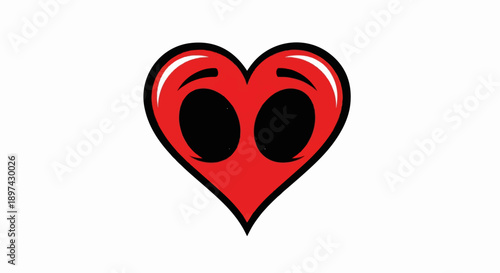 A stylized red heart with large, black oval eyes and curved black eyebrows