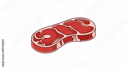 Cartoon drawing of a raw T-bone steak with marbled fat and a white background
