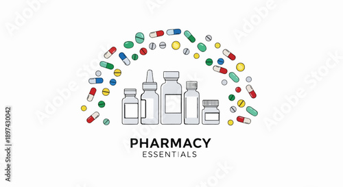 A colorful assortment of pills and capsules are arranged above a row of white medicine bottles