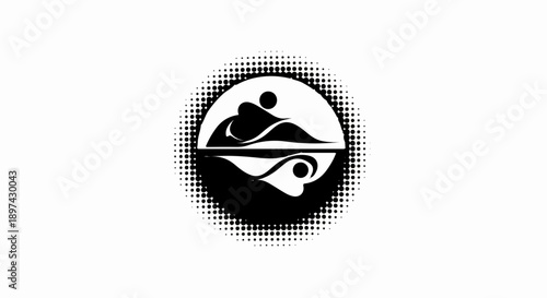 Stylized circular emblem featuring a halved figure with a water reflection and halftone dots