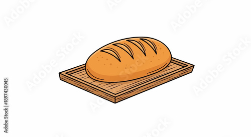 A golden-brown, oval loaf with score marks rests on a wooden serving board