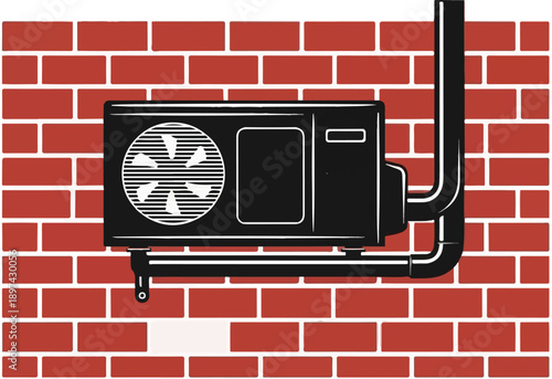 A black air conditioner unit with pipes attached to a red brick wall