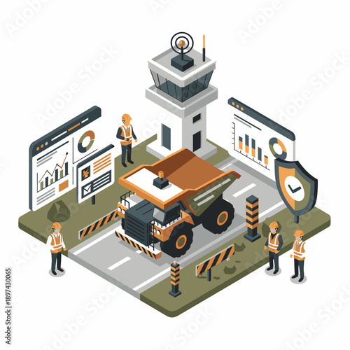 Isometric illustration of security personnel monitoring a controlled access point with a vehicle and various data visualizations.