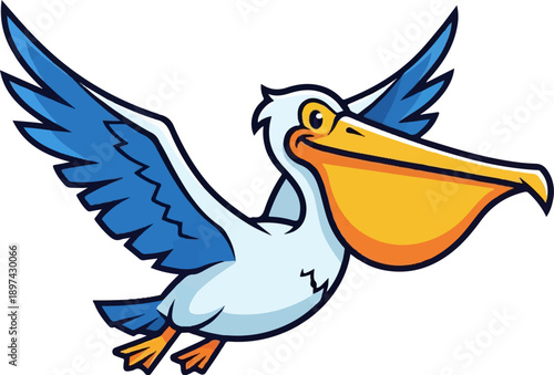 Cartoon pelican with wide wings and an open beak in flight