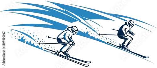 Two skiers descend a snowy slope, kicking up powder as they go