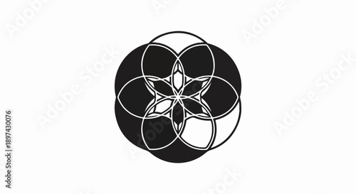 Intricate monochrome geometric pattern of overlapping circles and star-like shapes