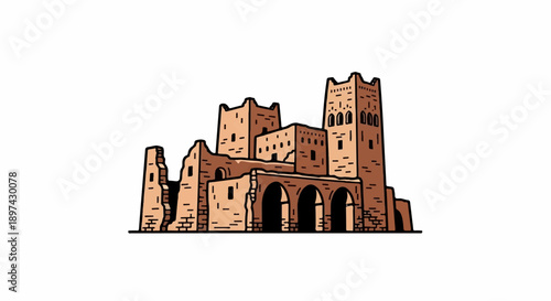 An illustrated ancient fortress with towers and arched openings, in sandy brown hues