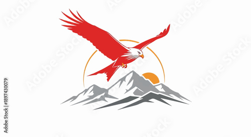 Red eagle soars over majestic mountains at sunrise