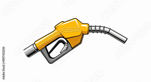 A bright yellow fuel nozzle with a silver spout and trigger, isolated on a white background